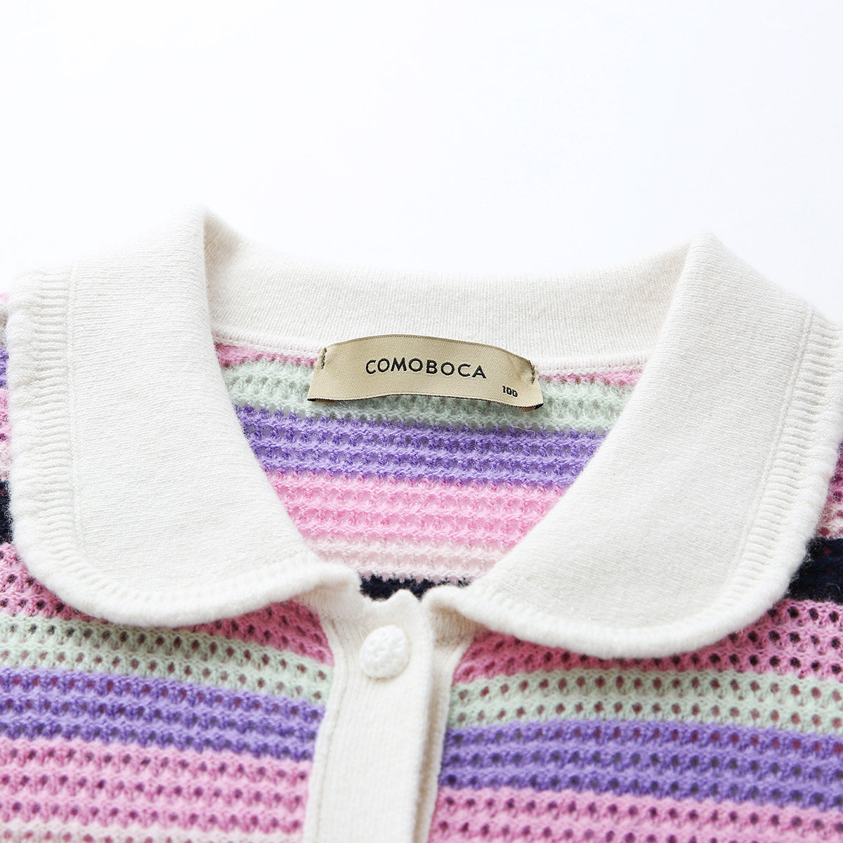 COMOBOCA 100% Cashmere Striped Knit Cardigan with Contrast Collar