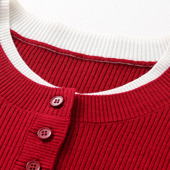 COMOBOCA Women's Ribbed Contrast Trim Henley Knit Sweater