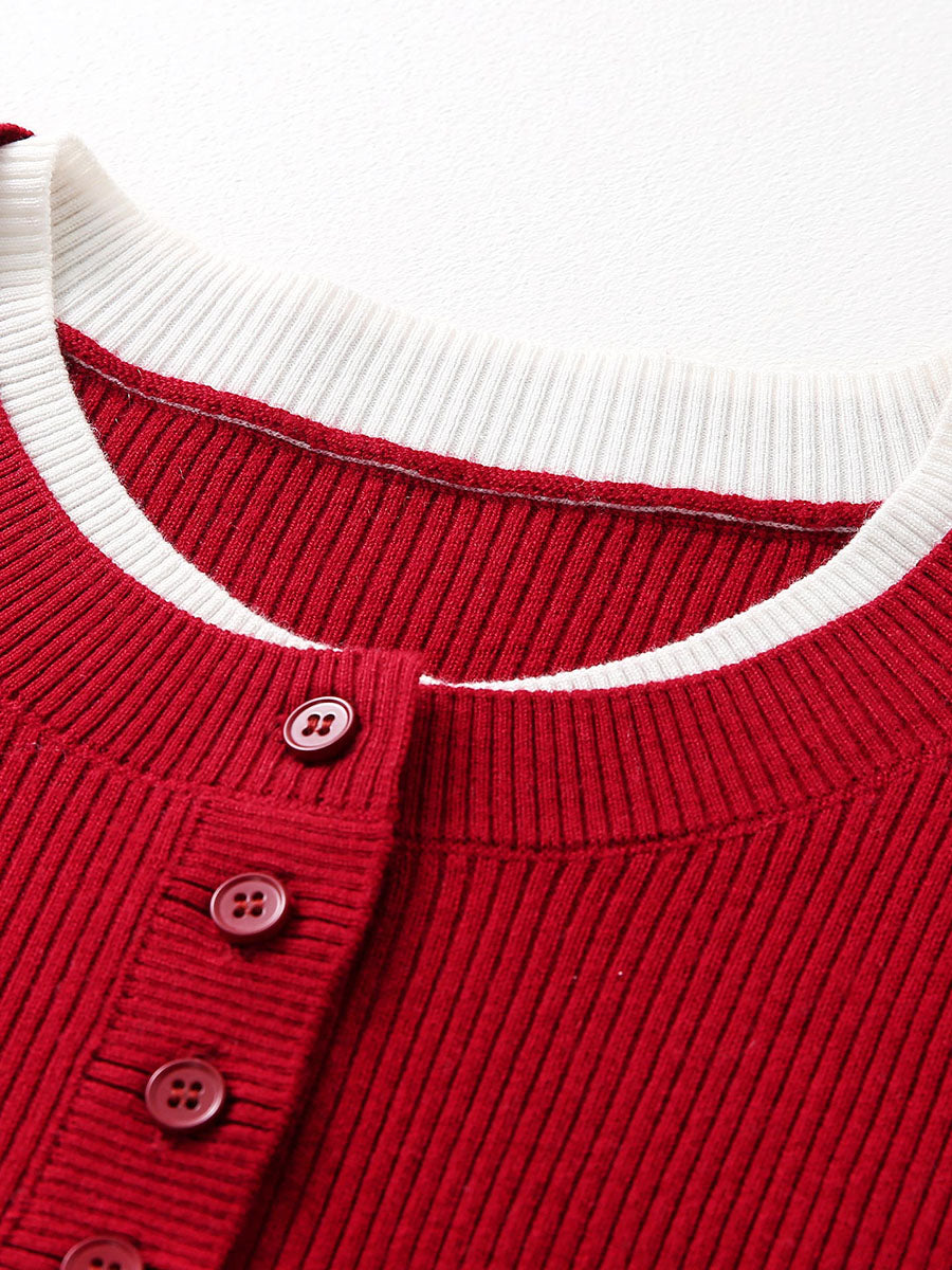 COMOBOCA Women's Ribbed Contrast Trim Henley Knit Sweater