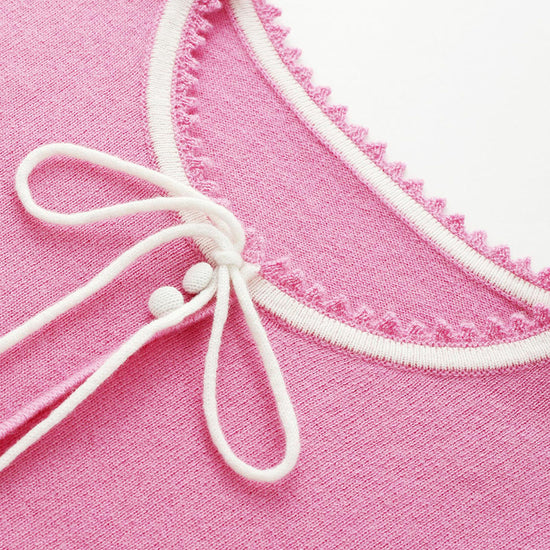 COMOBOCA 100% Wool Kids' Tie-Neck Contrast Trim Sweater