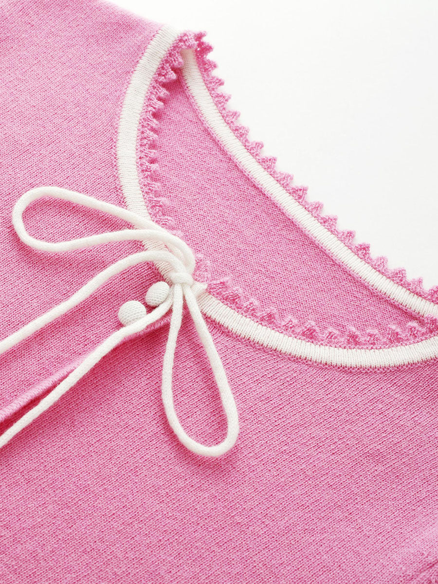 COMOBOCA 100% Wool Kids' Tie-Neck Contrast Trim Sweater