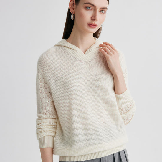 COMOBOCA 100% Cashmere Women's Ribbed Knit Hoodie