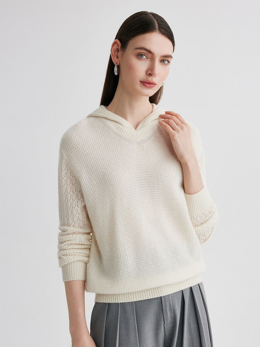 COMOBOCA 100% Cashmere Women's Ribbed Knit Hoodie