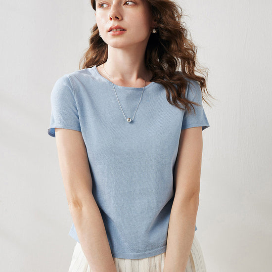 COMOBOCA Light Blue Women's Round Neck Knit T-Shirt
