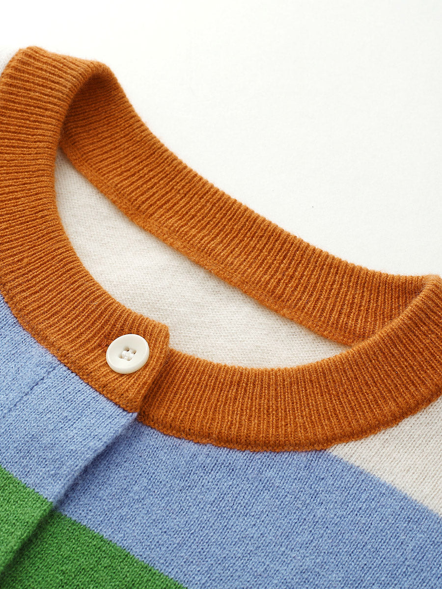 COMOBOCA 100% Wool Kids' Colorful Striped Round Neck Cardigan
