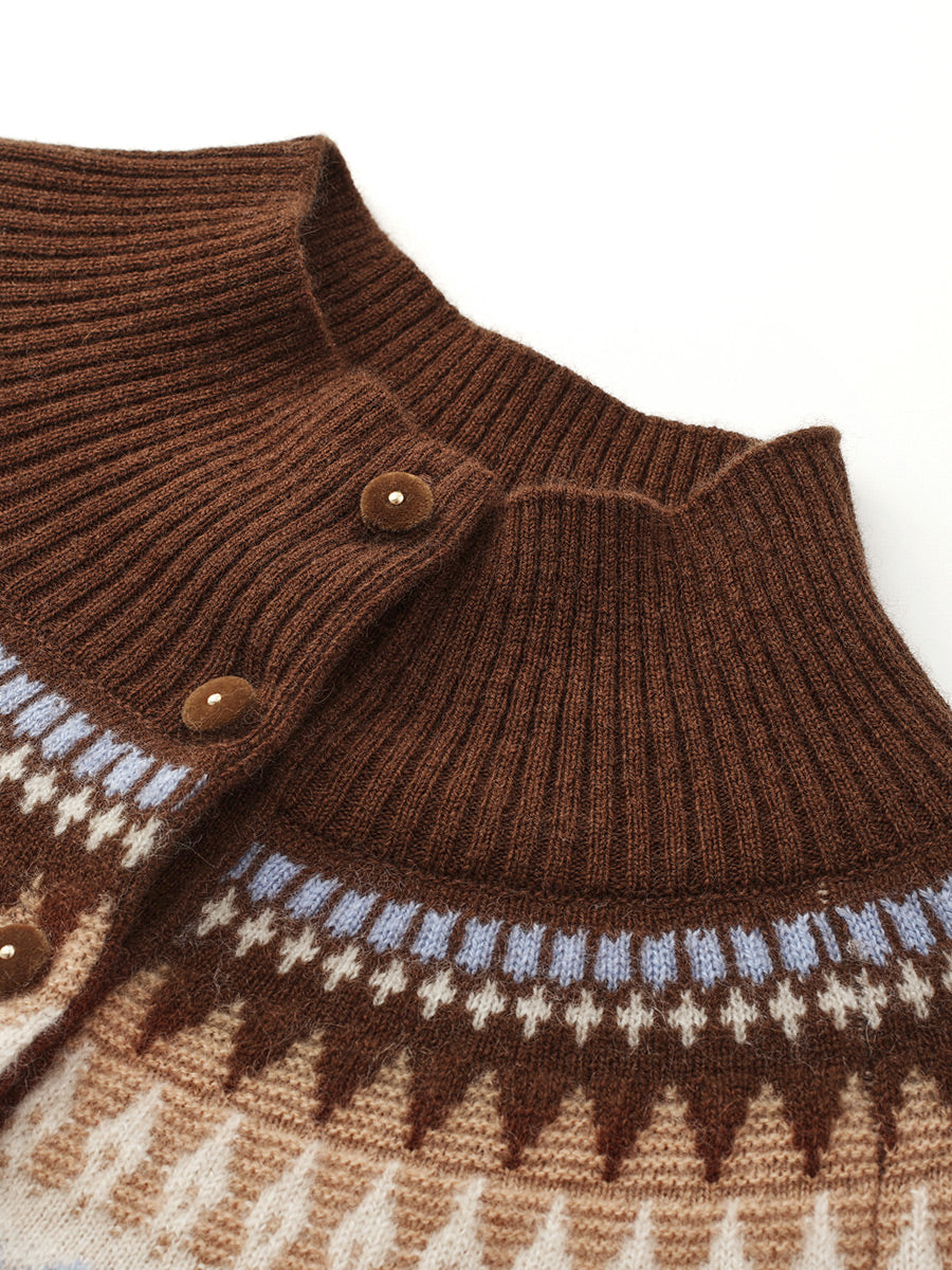 COMOBOCA 100% Cashmere Women's Fair Isle Mock Neck Button Front Sweater