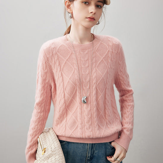 COMOBOCA Pink 100% Cashmere Women's Cable Round Neck Knit Sweater