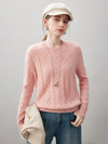 COMOBOCA Pink 100% Cashmere Women's Cable Round Neck Knit Sweater
