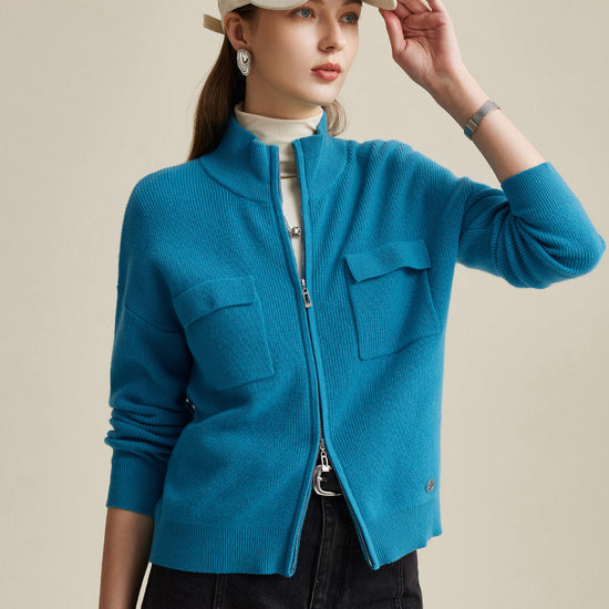 COMOBOCA Turquoise 100% Wool Women's Dual Zip Cardigan with Pockets