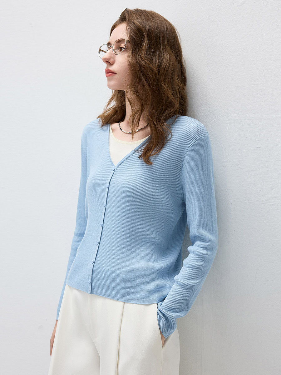 COMOBOCA Women's Ribbed Knit V-Neck Faux Cardigan