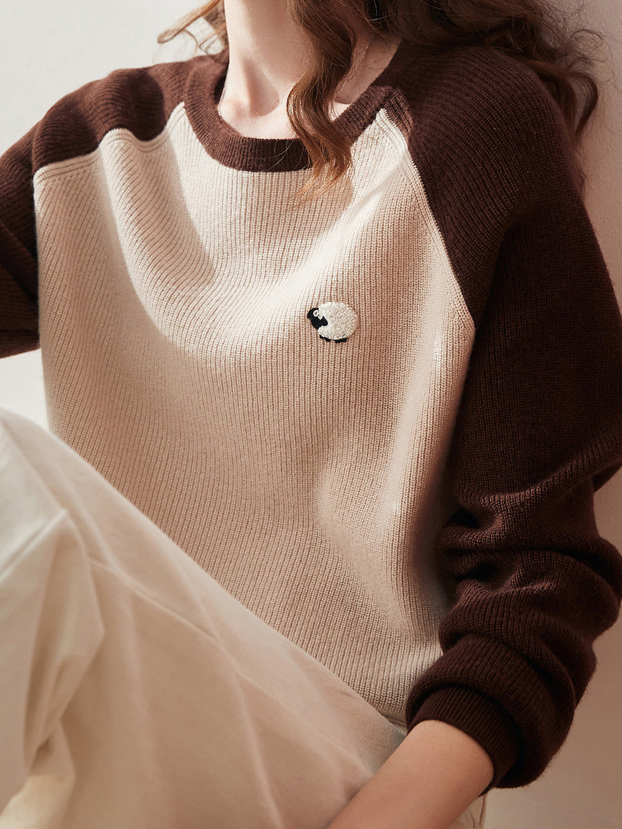 COMOBOCA Beige 100% Wool Women's Contrast Sleeve Sweater