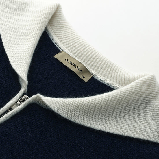 COMOBOCA 100% Cashmere Women's Contrast Collar Double Zip Cardigan