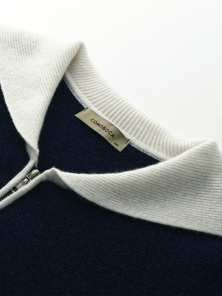 COMOBOCA 100% Cashmere Women's Contrast Collar Double Zip Cardigan