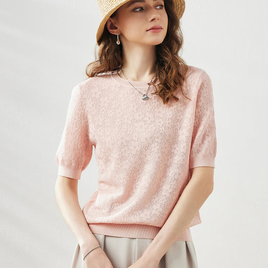 COMOBOCA Women's Cotton Silk Versatile Floral Lace Knit T-Shirt