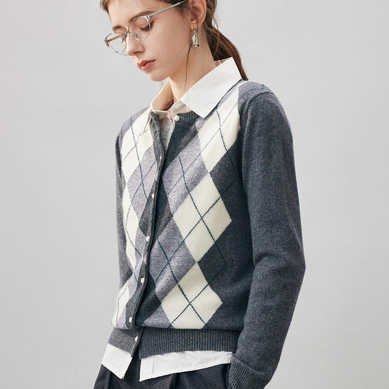 COMOBOCA 100% Cashmere Women's Argyle Pattern Cardigan