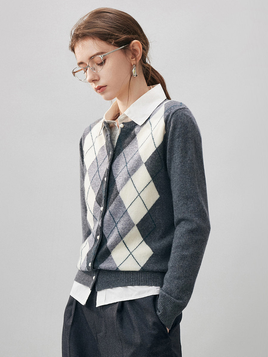 COMOBOCA 100% Cashmere Women's Argyle Pattern Cardigan
