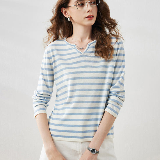 COMOBOCA Blue Women's Striped Long Sleeve V-Neck T-Shirt