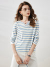 COMOBOCA Blue Women's Striped Long Sleeve V-Neck T-Shirt