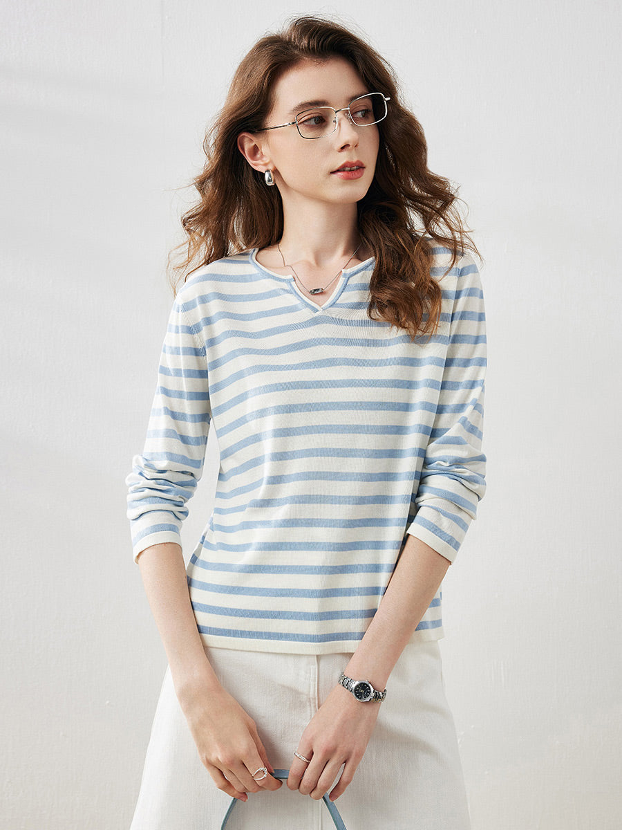 COMOBOCA Blue Women's Striped Long Sleeve V-Neck T-Shirt