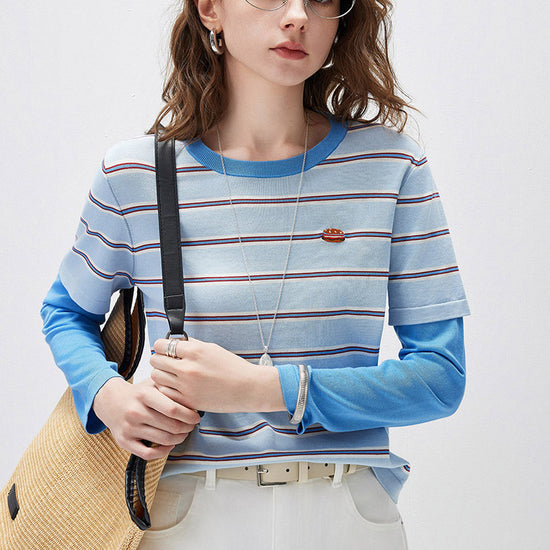 COMOBOCA Women's Layered Striped Round Neck Knit Sweater