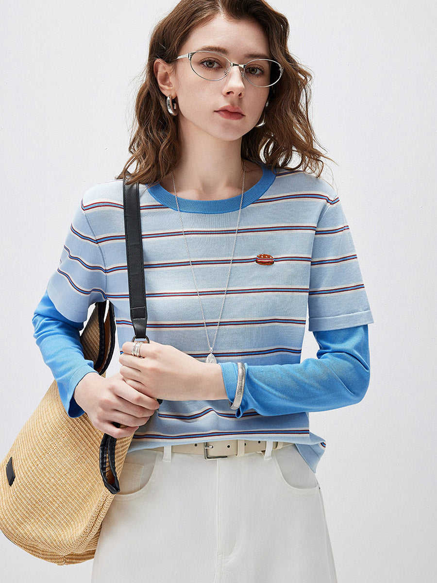 COMOBOCA Women's Layered Striped Round Neck Knit Sweater