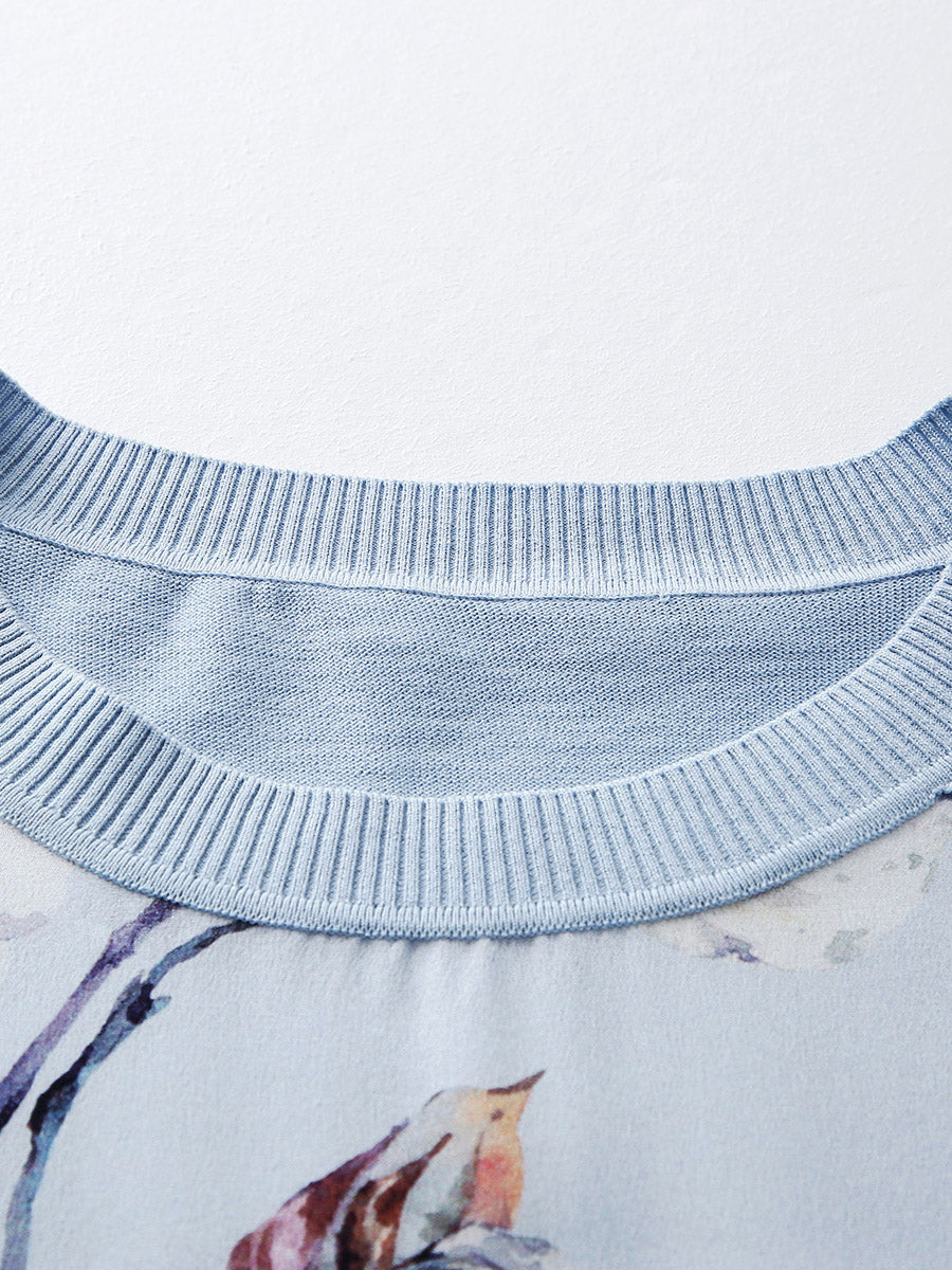 COMOBOCA Women's Cotton Silk Floral Ribbed Print Knit T-Shirt