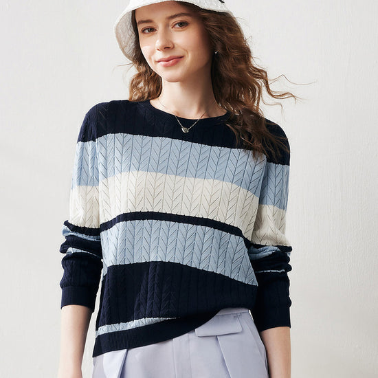 COMOBOCA Navy Blue Women's Striped Color Block Sweater