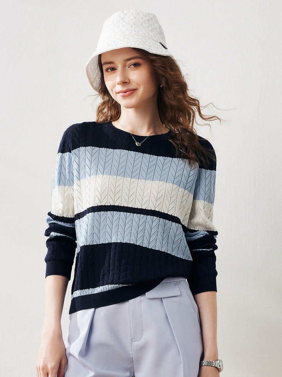 COMOBOCA Navy Blue Women's Striped Color Block Sweater