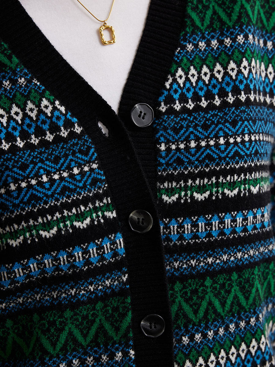COMOBOCA 100% Wool Women's Fair Isle Patterned Cardigan