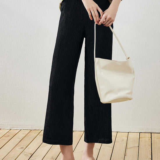 COMOBOCA Black Women's Elastic Waistband Crinkled Wide Leg Pants