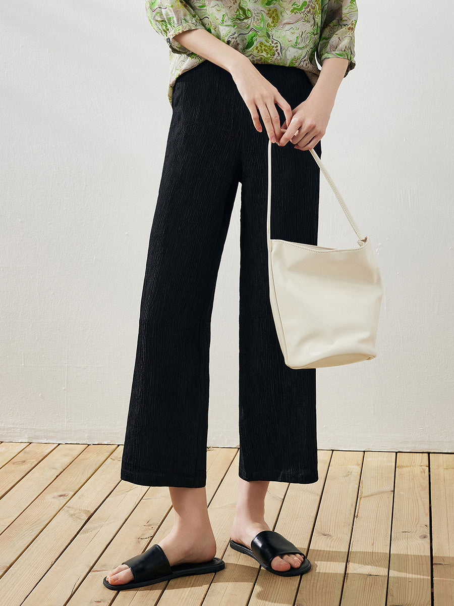 COMOBOCA Black Women's Elastic Waistband Crinkled Wide Leg Pants