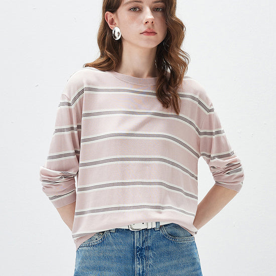 COMOBOCA Light Pink Women's Striped Round Neck Knit Sweater