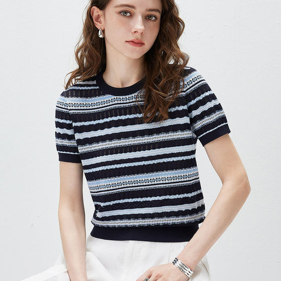 COMOBOCA Women's Mixed Stitch Striped Semi Sheer Knit T-Shirt