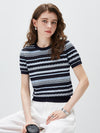 COMOBOCA Women's Mixed Stitch Striped Semi Sheer Knit T-Shirt