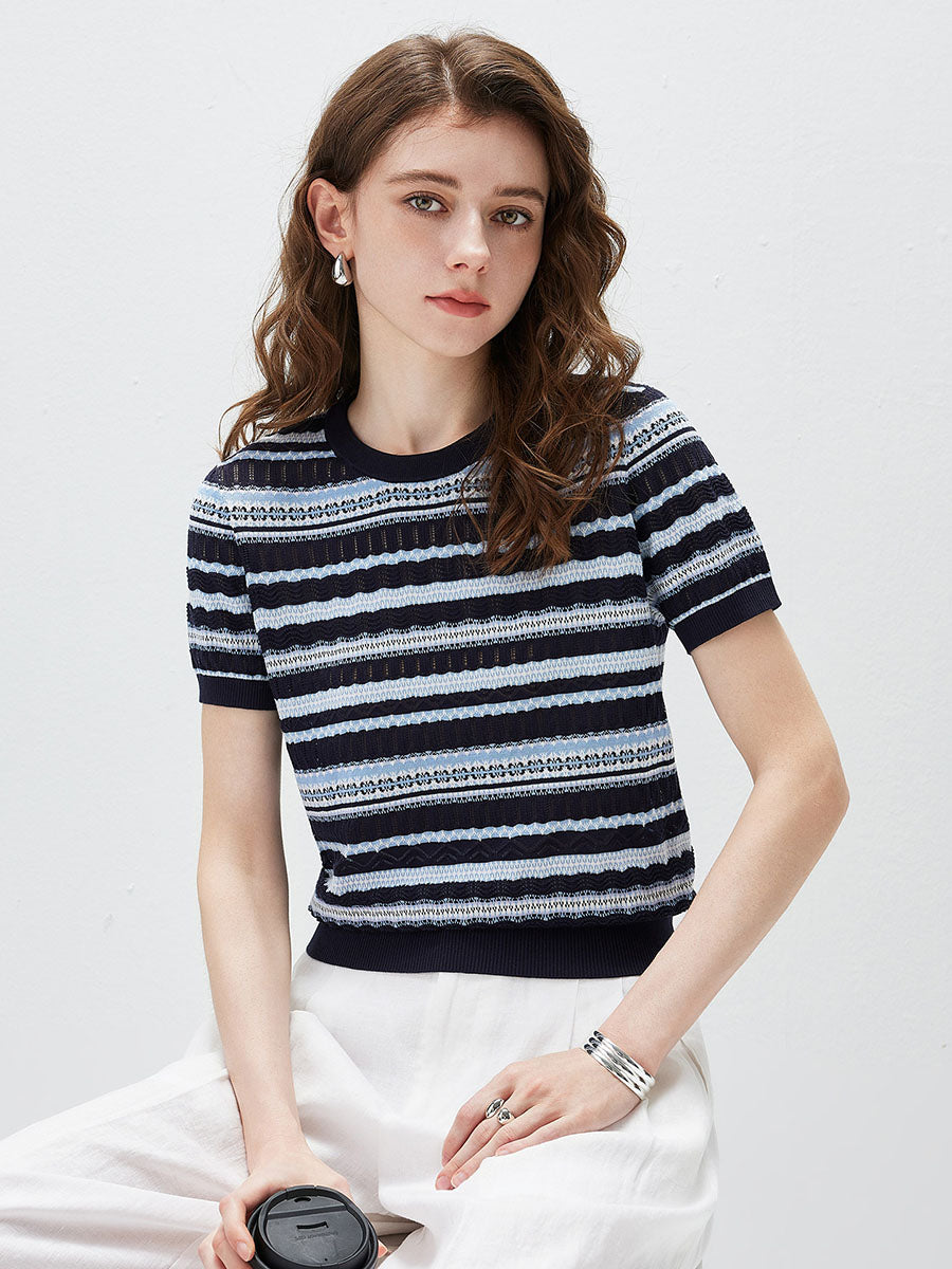 COMOBOCA Women's Mixed Stitch Striped Semi Sheer Knit T-Shirt