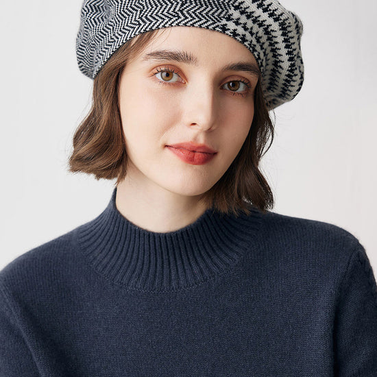 COMOBOCA 100% Cashmere Elegant Houndstooth Knit Beret