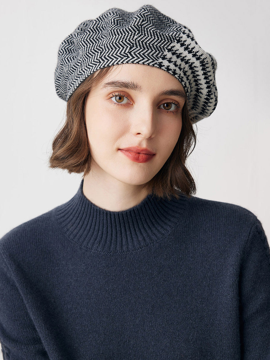 COMOBOCA 100% Cashmere Elegant Houndstooth Knit Beret