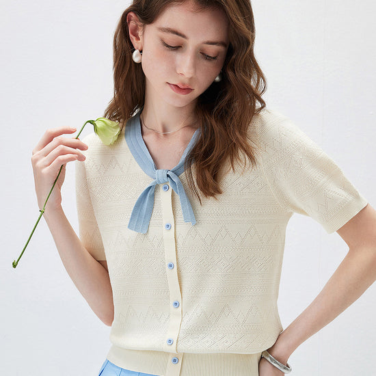 COMOBOCA Women's Bow Knit Short Sleeve Faux Cardigan