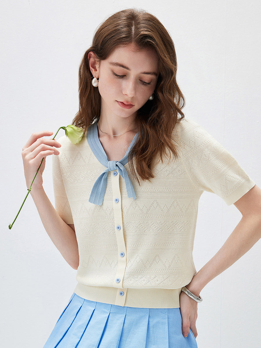 COMOBOCA Women's Bow Knit Short Sleeve Faux Cardigan