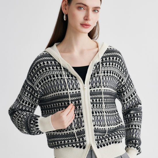 COMOBOCA 100% Cashmere Women's Fair Isle Double Zip Hoodie
