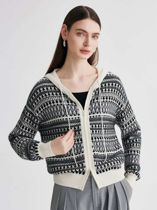 COMOBOCA 100% Cashmere Women's Fair Isle Double Zip Hoodie