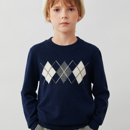 COMOBOCA 100% Wool Kids' Argyle Pattern Round Neck Sweater