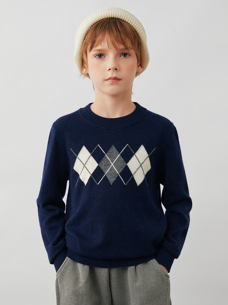 COMOBOCA 100% Wool Kids' Argyle Pattern Round Neck Sweater