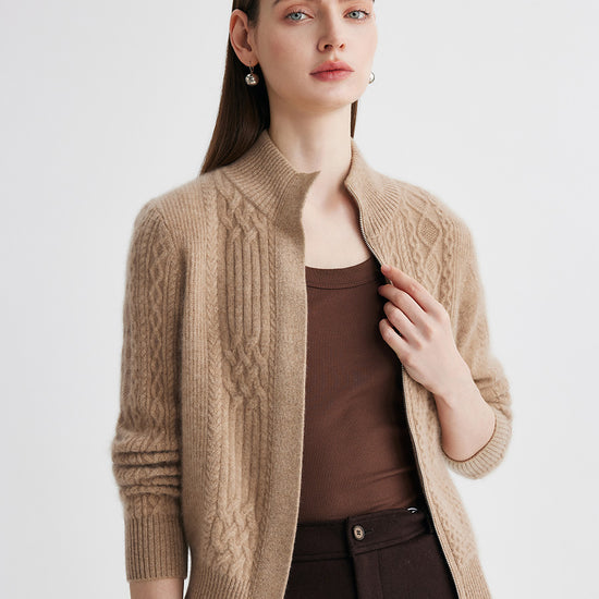 COMOBOCA 100% Cashmere Women's Cable Knit Mock Neck Zip Up Cardigan