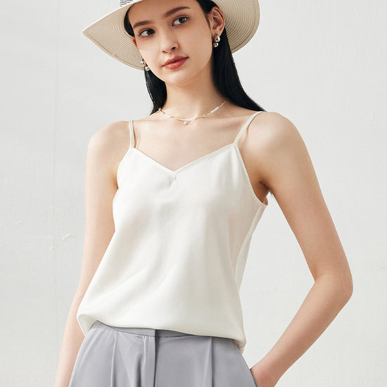 COMOBOCA White Women's Silk V-Neck Adjustable Straps Camisole