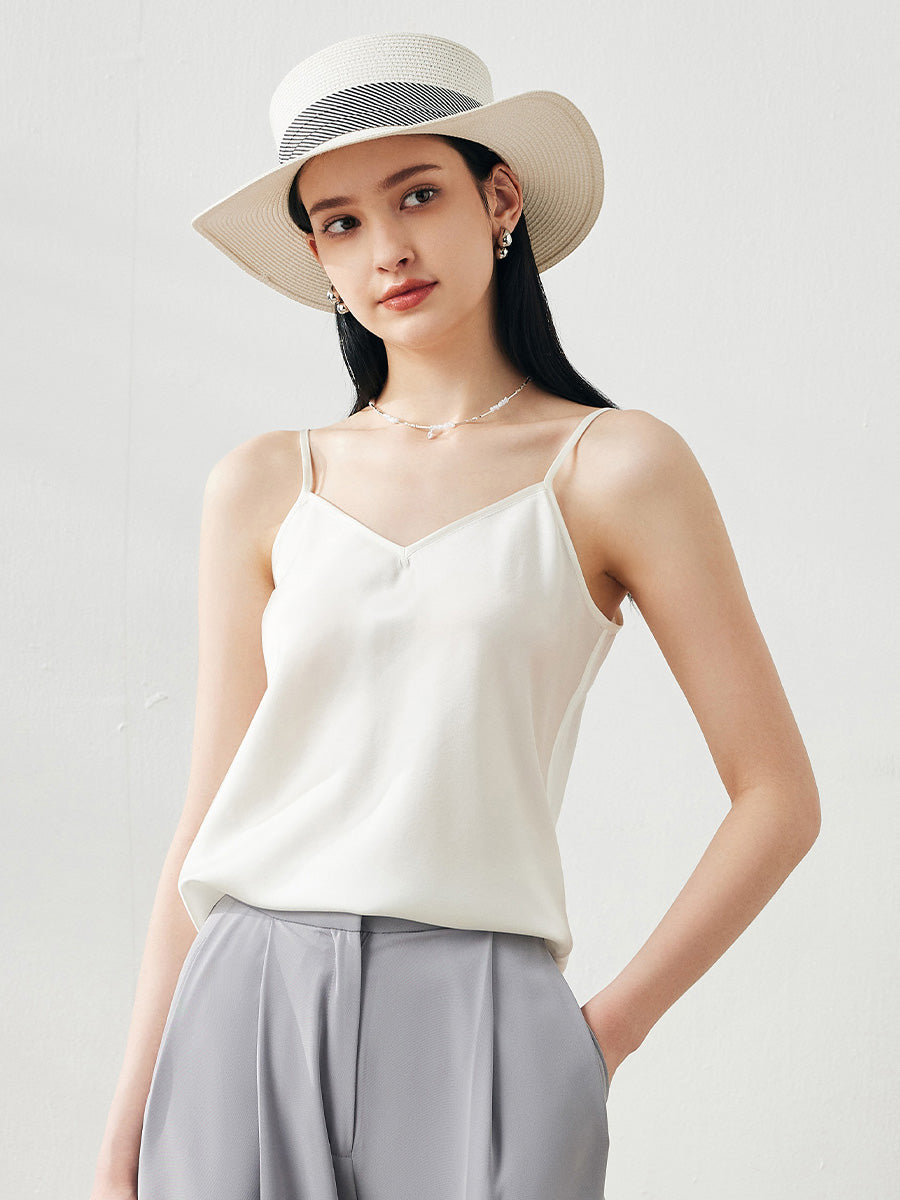 COMOBOCA White Women's Silk V-Neck Adjustable Straps Camisole
