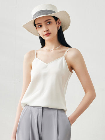 COMOBOCA White Women's Silk V-Neck Adjustable Straps Camisole