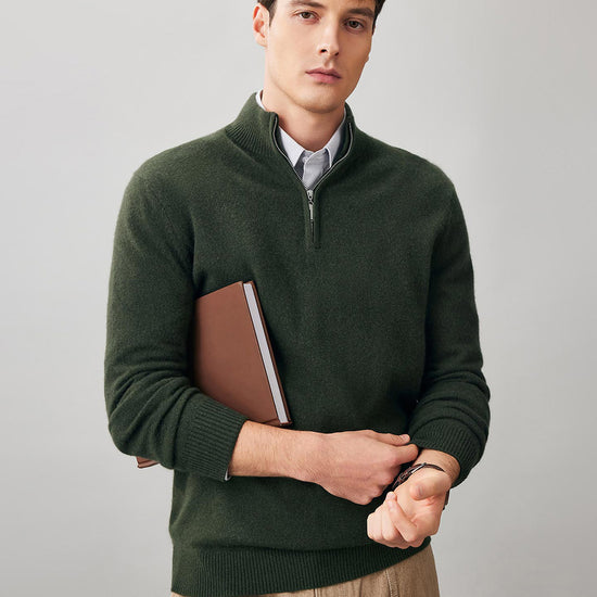 COMOBOCA 100% Cashmere Men's Half Zip Mock Neck Sweater