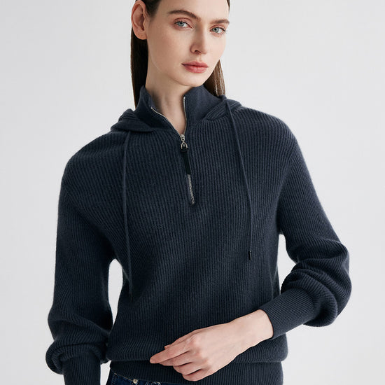 COMOBOCA Charcoal 100% Cashmere Women's Ribbed Knit Hoodie