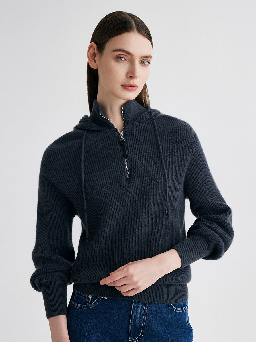 COMOBOCA Charcoal 100% Cashmere Women's Ribbed Knit Hoodie